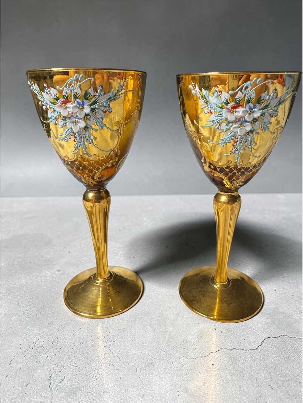 Venetian Murano Amber Glass 24K Gold Floral Wine Glasses, Handpainted